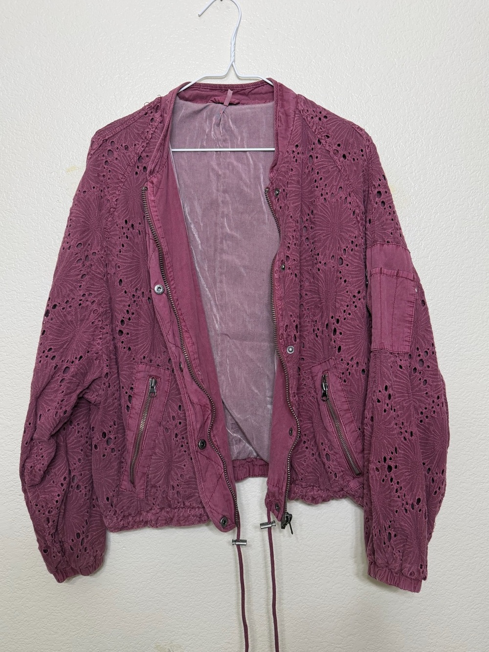 Free People Daisy Jane Bomber Jacket Eyelet Raspberry Purple Slouchy Oversized S - Picture 11 of 16